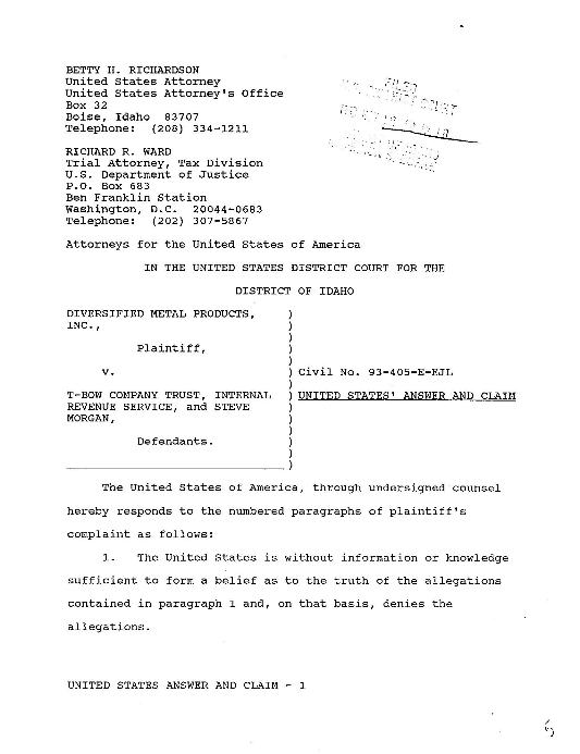 United States Answer to claim - page 1